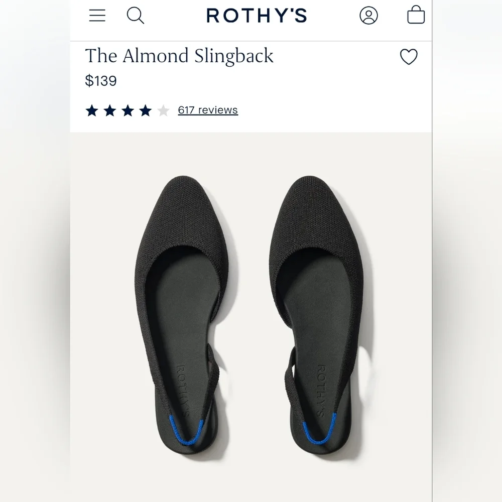 Rothy's Almond Slingback Flats in Black with Blue Heel Accent
